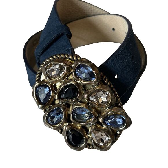 Chicos Blue Suede Leather Belt Womens Sz L (37-41) Gemstone Buckle Boho Festival - Picture 3 of 15